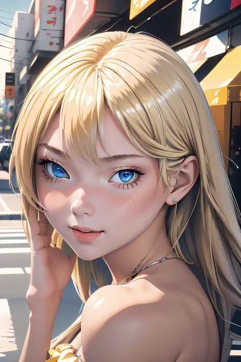 anime girl with blue eyes and blonde hair standing on the street