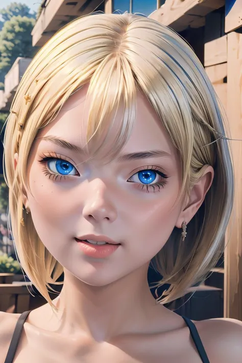 a woman with blonde hair and blue eyes is staring at the camera