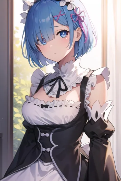 rezerorem, rem, blue eyes, blue hair, hair ornament, hair over one eye, hair ribbon, short hair, x hair ornament,
BREAK apron, black ribbon, black skirt, black sleeves, detached collar, detached sleeves, flower, frilled apron, frilled skirt, frills, head wreath, long sleeves, maid, miniskirt, neck ribbon, purple ribbon, ribbon, ribbon trim, ribbon-trimmed sleeves, roswaal mansion maid uniform, short hair, skirt, thighhighs, waist apron, white apron, white thighhighs,
BREAK outdoors, city,
BREAK looking at viewer, 
BREAK (masterpiece:1.2), best quality, high resolution, unity 8k wallpaper, (illustration:0.8), (beautiful detailed eyes:1.6), extremely detailed face, perfect lighting, extremely detailed CG, (perfect hands, perfect anatomy),
