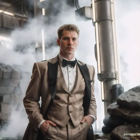 arafed man in a suit standing in front of a smokestack