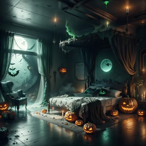 a close up of a bed with a halloween theme and pumpkins