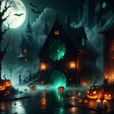 a dark and spooky halloween scene with pumpkins and a castle