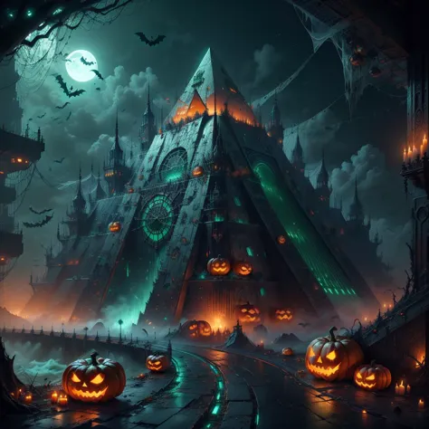 a dark and scary halloween scene with pumpkins and a castle