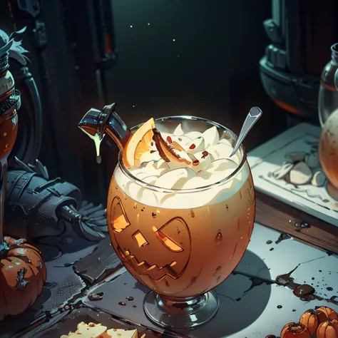 there is a glass of drink with a spoon and a pumpkin on it