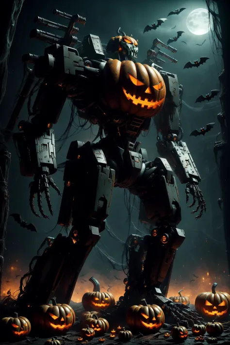 a close up of a robot with a pumpkin on it