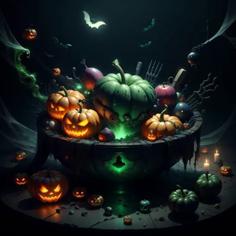 <lora:halloweenTech-20:0.8>, halloweentech , scifi,  supernatural green, spooky,
bowl of fruit