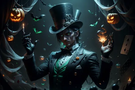 masterpiece, (Trick), top hat, magician, cards, sparks ,   <lora:halloweenTech-20:0.8>, halloweentech , scifi, supernatural green, spooky, glowing eyes,