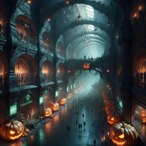 a group of people walking through a tunnel with pumpkins