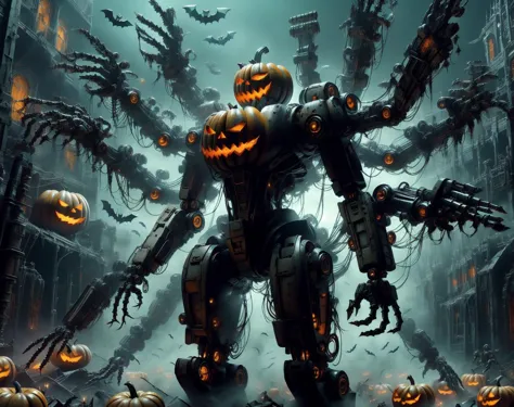 a close up of a robot with pumpkins on it