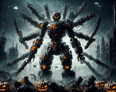 a close up of a robot with pumpkins in front of a castle