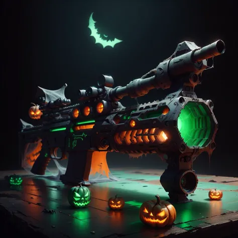 a close up of a toy gun with pumpkins on the ground