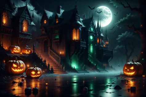 a dark and scary halloween scene with pumpkins and a castle