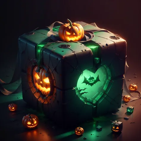 a close up of a halloween box with a glowing pumpkin inside