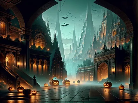 a close up of a street with pumpkins and bats on it