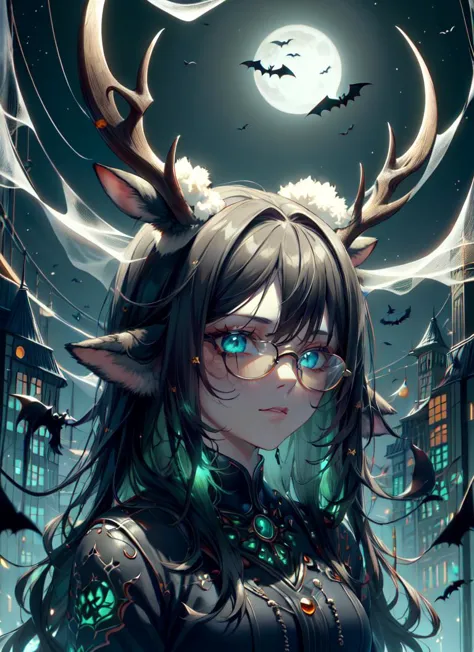 ((best quality)), ((highly detailed)), masterpiece, absurdres, extremely detailed face, beautiful face, (detailed eyes, deep eyes), <lora:more_details:.2>, (1girl), (glasses), upper body, -((deer girl)), deer ears, deer tail, <lora:deerantlers-12:1>, dearantlers, large deer antlers, fur coat, (outside, on a big bridge, noon), <lora:halloweenTech:1>, halloweentech, supernatural green, glowing eyes, cobwebs, bat (animal), spooky