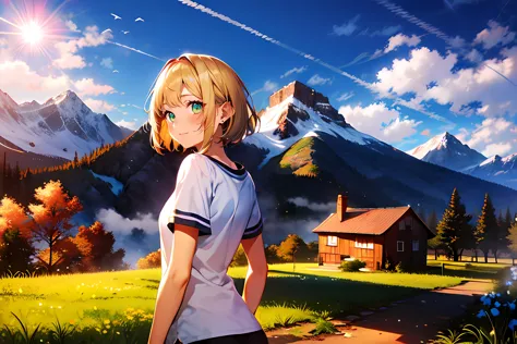 1girl, blonde hair, green eyes, short sleeves, house, mountain, blue sky, sunlight