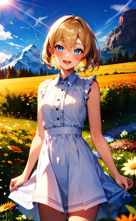 1girl, cowboy shot, standing, short hair, blonde hair, blue eyes, white dress, collared dress, frilled dress, bare shoulders, bare arms, open mouth, smile, nature, flower field, mountain, blue sky, sunlight