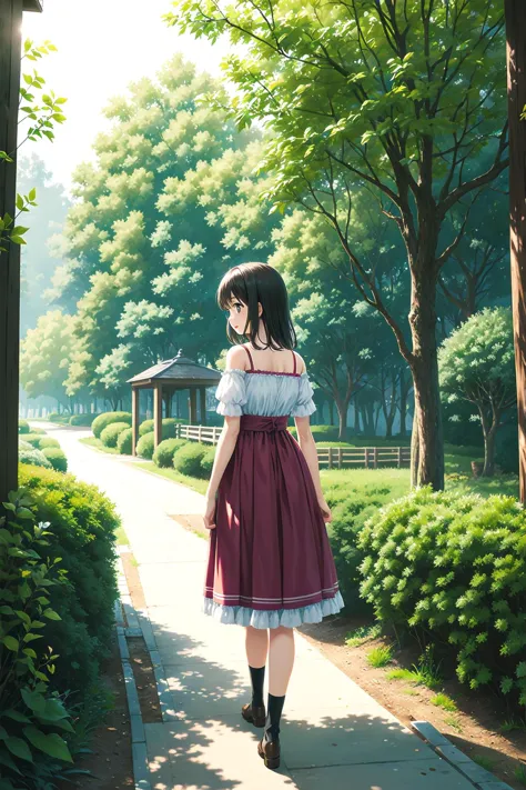 anime girl walking down a path in a park with trees