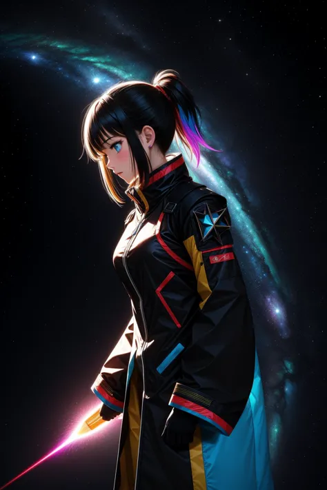 1girl, colorful Physically based render, crowded mountains and Quasar in background, Voidpunk, intricate details, side-profile of a ("Blazing Invocation":1.3) , it is very Middle Aged and Creepy, plain Cyan background, Foggy, split diopter, Visual novel, Dark, Motion blur, telephoto lens, Cathode tube, glimmering transformation, Paint splotches, Unsplash, most beautiful artwork in the world