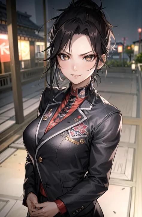 anime girl in uniform standing on platform with train in background