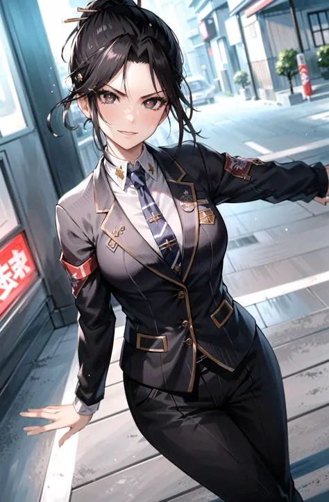 anime girl in a suit and tie standing on a sidewalk