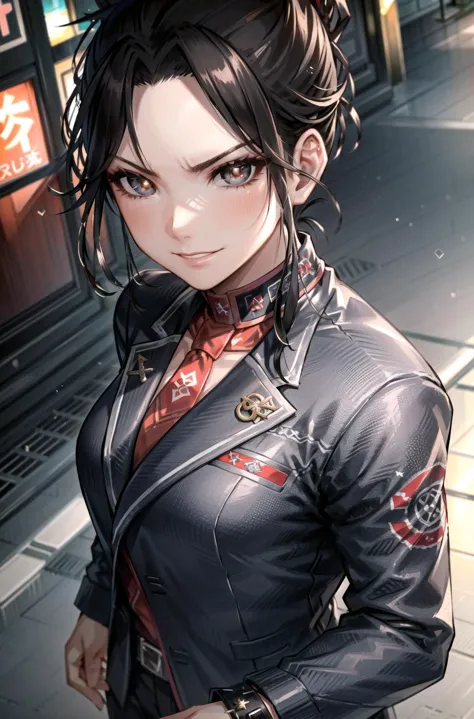 anime girl with black hair and a leather jacket standing on a sidewalk