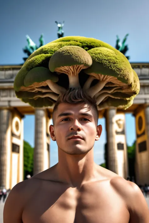 arafed man with a mushroom hat on his head in front of a building