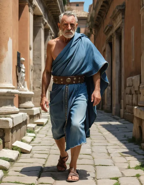 Old italian man dressed in (toga entirely made of denim, with rivets, with front pockets). Casually walking through ancient Rome. 
Fashion photography style. 
RAW photo, realistic texture, extremely detailed, absurdres, sharp focus, volumetric lighting, subsurface scattering
realistic skin, pores, wrinkles