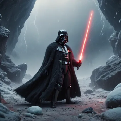 dart vader in a cave with a light saber