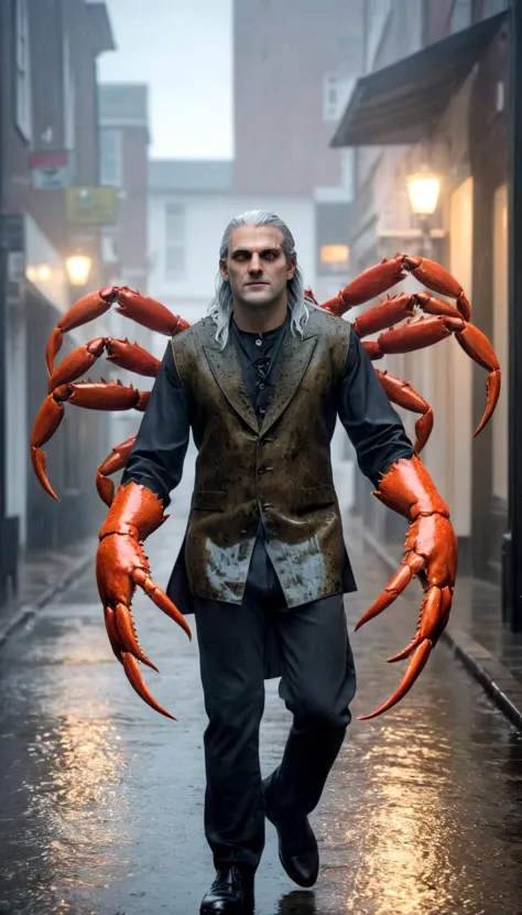 a man in a suit and tie holding a crab in the rain