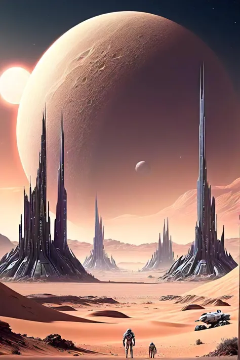 a close up of a futuristic city in the desert with a giant moon