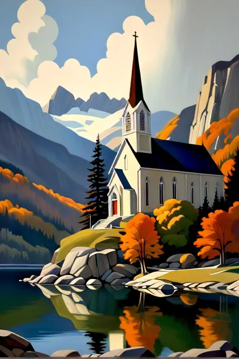 painting of a church on a mountain with a lake in front of it, church painting, inspired by franklin carmichael, gouache matte painting, beautiful oil matte painting, by richard estes, inspired by a. j. casson, the style of andreas rocha, by raymond normand, inspired by richard estes, andreas rocha style, kilian eng vibrant colors