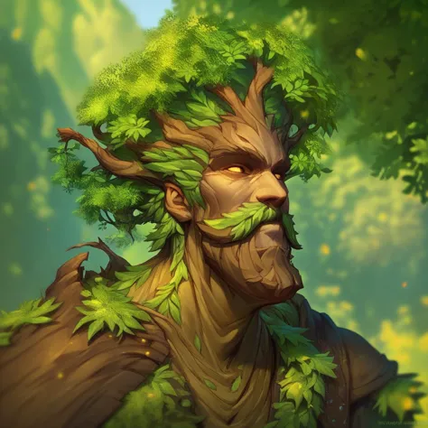 a close up of a man with a tree on his head