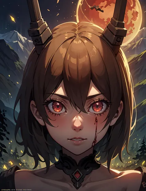 evulchibi,
Beautiful woman. Detailed face. Open eyes. Scif vibes. Otherworldly. Cinematic. Ominous mountain, digital art, digital art, blood red moon, red forest, symmetrical digital illustration, realism, over detailed art, music album art.