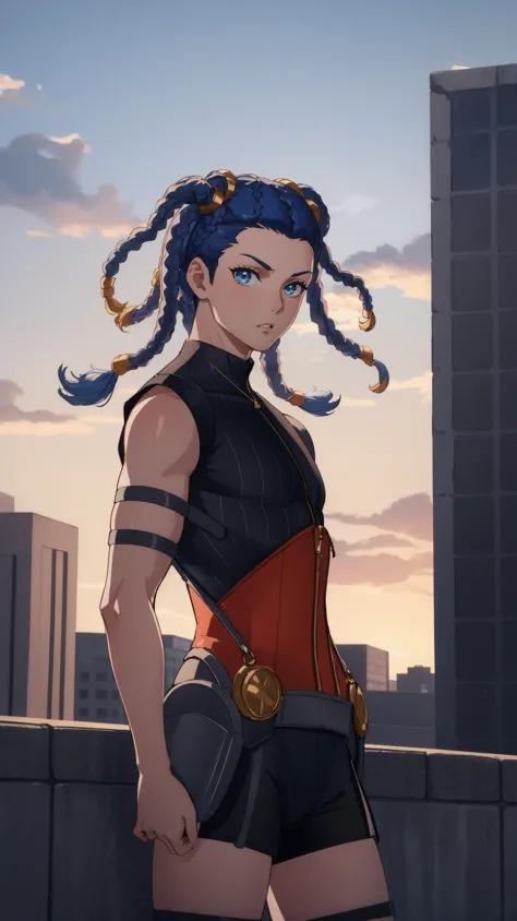 a woman with blue hair and a red top standing on a ledge