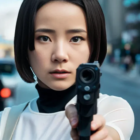 cinematic photo cinematic photo, <lora:riccco_v1:0.8> riccco9,solo,1girl,(beautiful, perfect eyes, movie still from action drama,highly detailed skin,cool cute fierce petite female undercover agent on infiltration mission:1.3),dark,short hair,parted lips,(gun, aiming at viewer, holding gun) ,<lora:gunAimingAtYouV1:0.8>, 35mm photograph, film, bokeh, professional, 4k, highly detailed