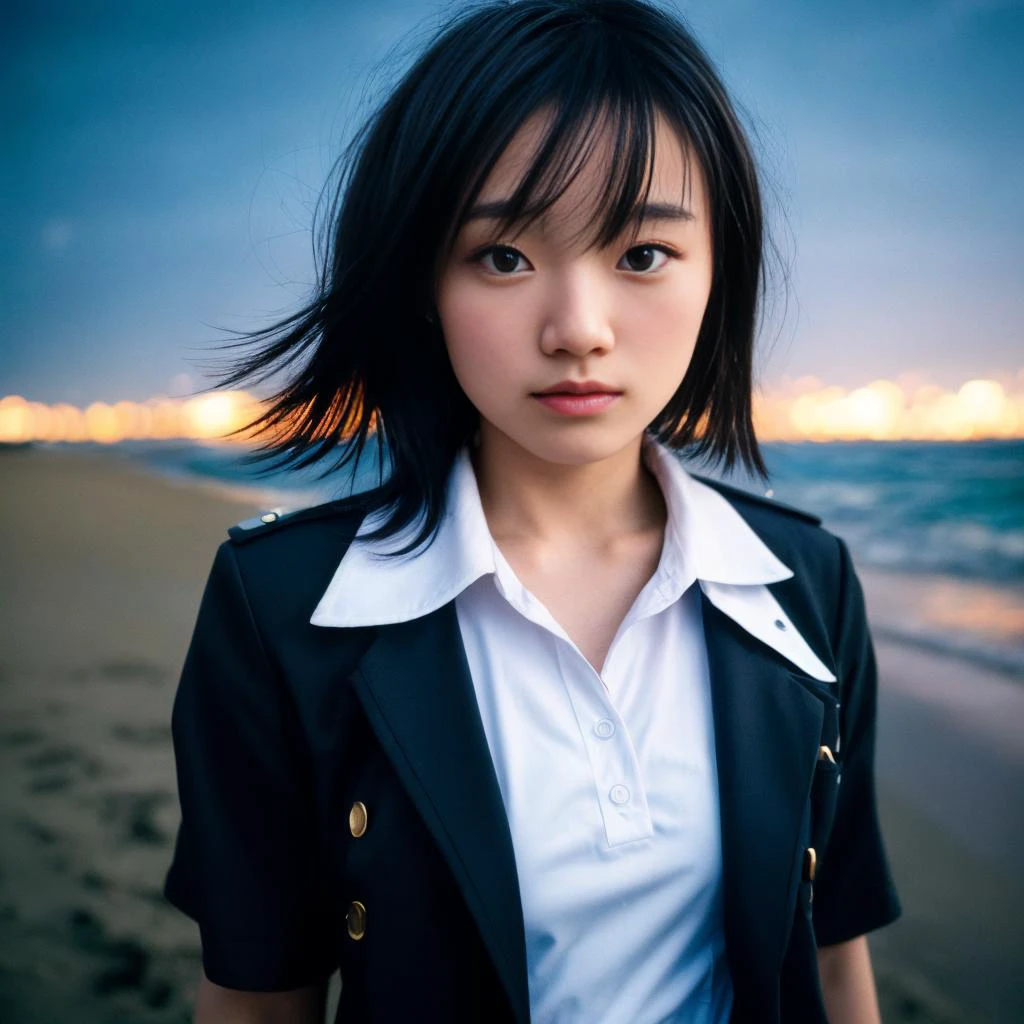 Arafed asian woman in a black jacket standing on a beach - SeaArt AI