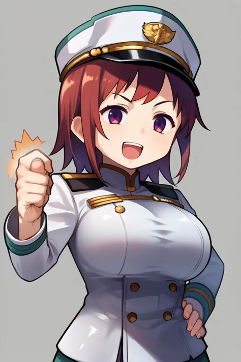 a woman in a uniform pointing at the camera