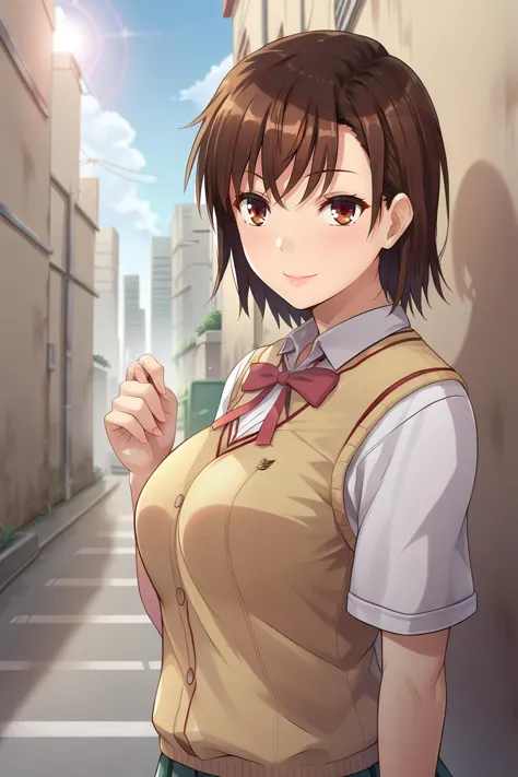 score_7_up,anime,1girl,solo,large breasts,<lora:segg_gesture_v2_wasabiya:1>,segg gesture, hand up,smile,school uniform,outdoors,street,alley,building,misaka mikoto,brown hair,short hair,upper body,cityscape,city,sunlight,