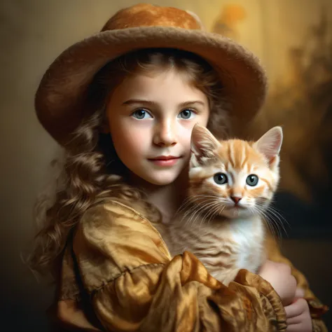 cute freckled young girl holding in her hand a kitty and painted like a rembrandt from 1665 soft light v5 (masterpiece,best qual...