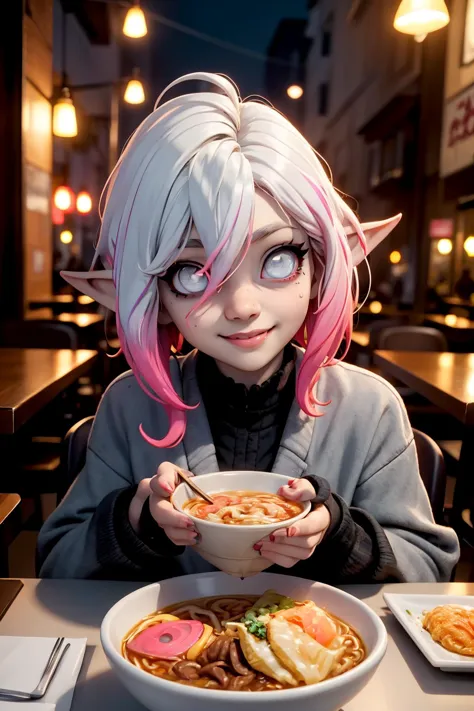 anime girl with pink hair eating a bowl of noodles in a restaurant