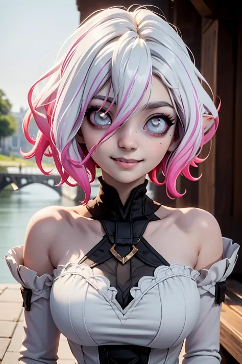 half body, <lora:Briarv06:0.6> briar, evbriar, solo, 1girl, gradient hair, pink sclera, white hair, short hair, multicolored hair, grey skin, silver eyes, pointy ears, hair between eyes, intricate white bride outfit, looking at viewer, light smile, riverside, fancy ceremony, detailed background, best quality, masterpiece