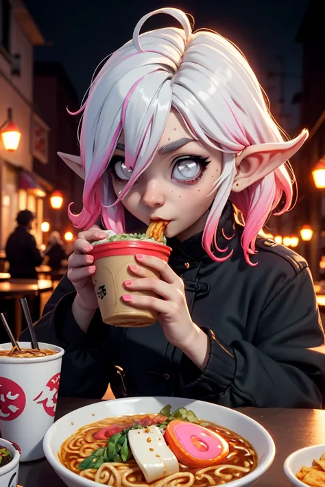 anime girl eating ramen noodles with a cup of coffee