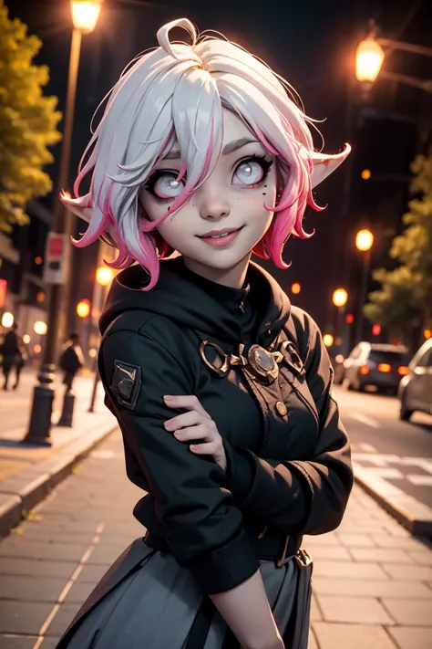 cowboy shot, <lora:Briarv06:0.6> briar, evbriar, solo, 1girl, gradient hair, pink sclera, white hair, short hair, multicolored hair, grey skin, silver eyes, pointy ears, hair between eyes, black coat, black pleated skirt, at night, urban park, park benches, small trees, swing, pavement, looking at viewer, light smile, best quality, masterpiece