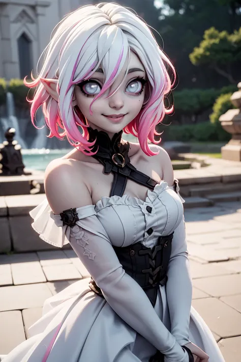 cowboy shot, <lora:Briarv06:0.6> briar, evbriar, solo, 1girl, gradient hair, pink sclera, white hair, short hair, multicolored hair, grey skin, silver eyes, pointy ears, hair between eyes, intricate white bride outfit, looking at viewer, light smile, riverside, fancy ceremony, detailed background, best quality, masterpiece