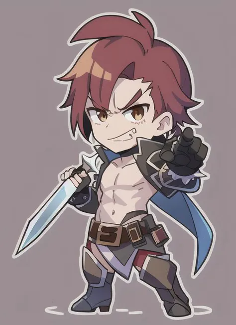 emoji, simple background, 1boy, solo, full body, gray background, white skin, outline, iop, brown eyes, red hair, medium spikey hair, smirk, dynamic pose, angry emotion, thief with daggers