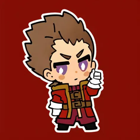 <hypernet:wavenchibi:1.0> emoji, simple background, 1boy, solo, full body, white skin, outline, relaxed, calm, standing, friendly emotion, (brown hairs:1.5), curly hairs, violet eyes, short hairs, red jacket, white shirt, white gloves, purple left earring