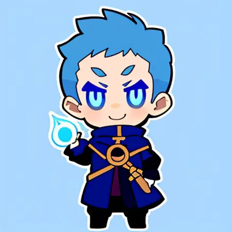 emoji, simple background, 1boy, solo, full body, black background, white skin, outline, iop, blue eyes, blue hair, short spikey hair, calm, standing, smiling, wizzard with a stuff