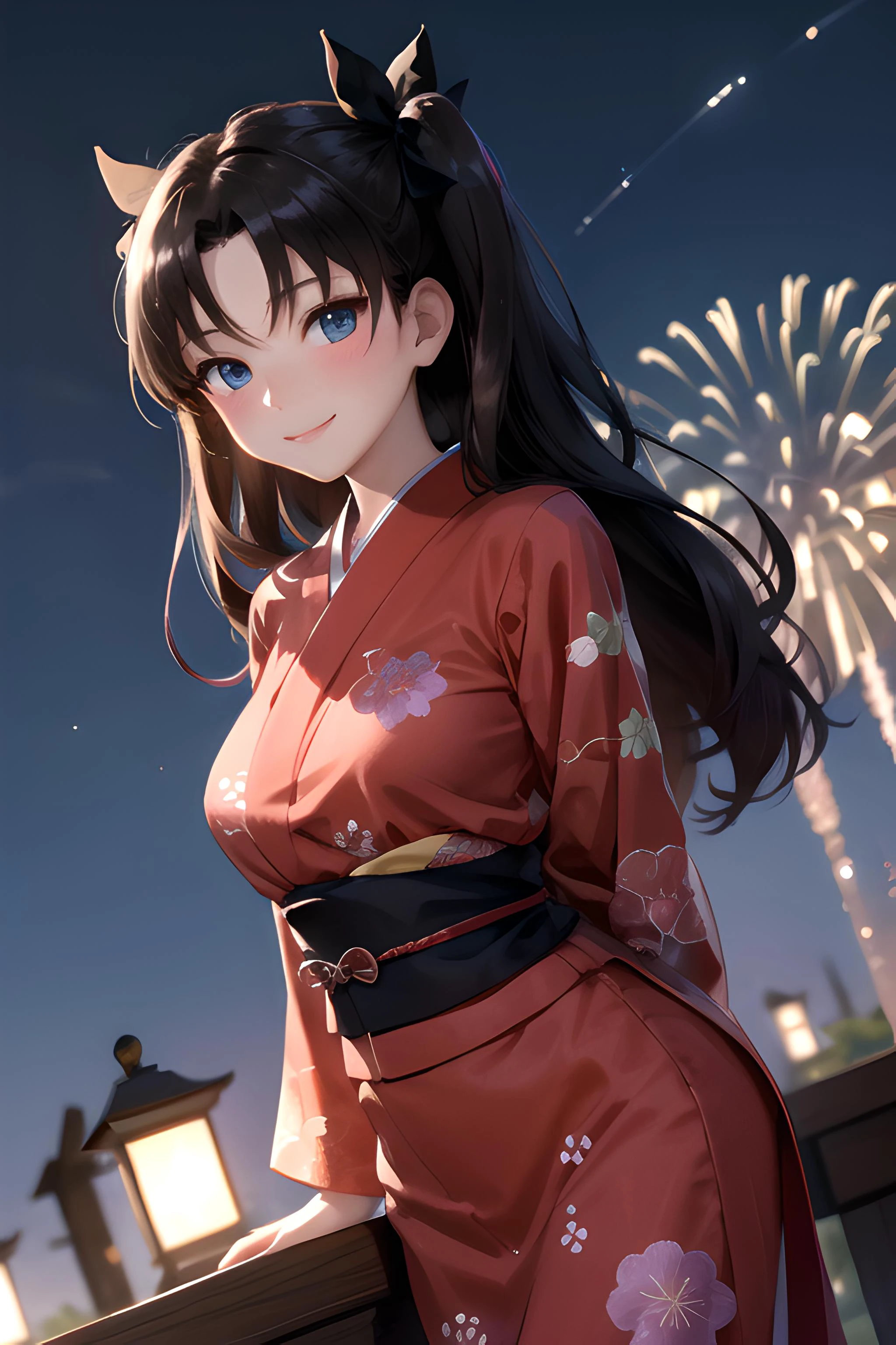 (masterpiece), best quality, highres, ultra-detailed, 1girl, tohsaka rin, solo, long hair,, blue eyes, two side up, black hair, summer, night, night sky, summer festival, aerial fireworks, red, floral print, japanese clothes, kimono, yukata, obi, leaning forward, looking at viewer, arms behind back, head tilt, blush, light smile, 