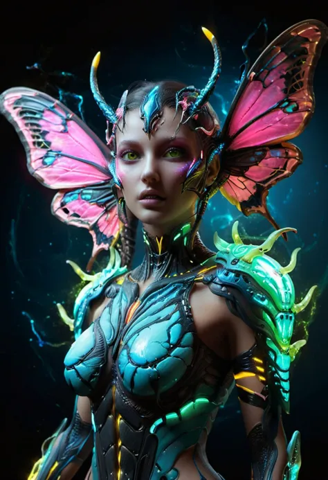 ombre colors of neon pink, neon blue, neon green, neon yellow
Alien female with large beautiful butterfly wings, powerful jaws, ...